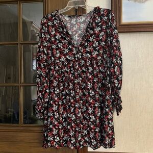 Zara Black and Red Floral Long Sleeve Babydoll Dress